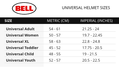 Bell Universal Helmet size chart