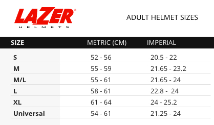 Lazer Adult Size Charts